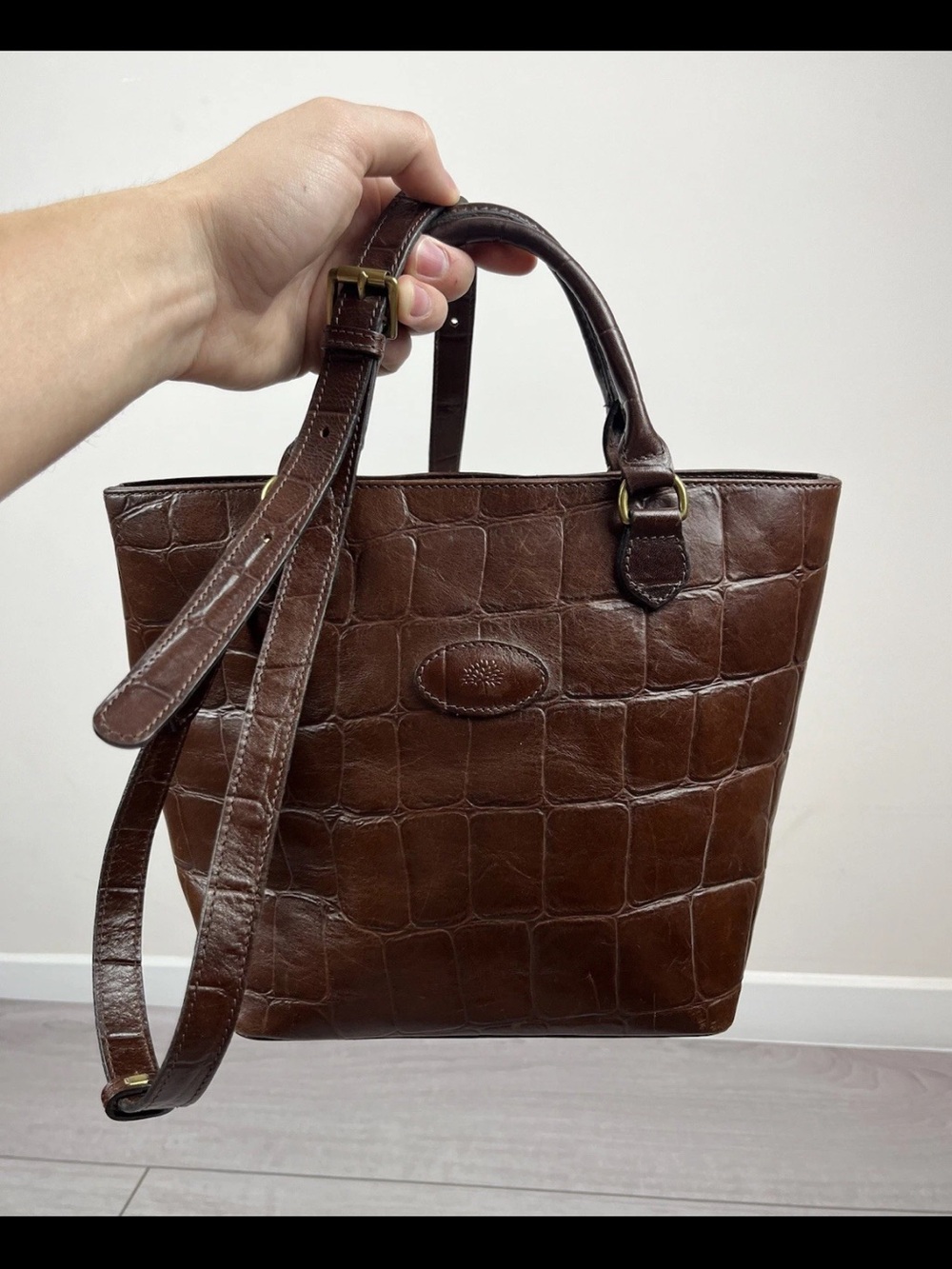 Mulberry Croc-Embossed Brown Leather Tote with Removable Strap